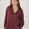 CAMICIA SATIN CON COLLETTO ALLA COREANA - Bordeaux, TU