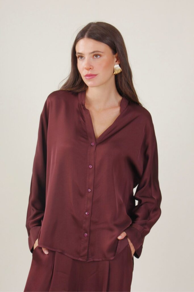 CAMICIA SATIN CON COLLETTO ALLA COREANA - Bordeaux, TU 