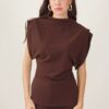 TOP COLLO ALTO CON MANICA AD ALETTA - Dark Brown, M