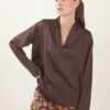 BLUSA SCOLLO A V CON DRAPPEGGI - Dark Brown, TU