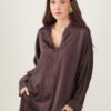 CAMICIA SATIN CON COLLETTO ALLA COREANA - Dark Brown, TU