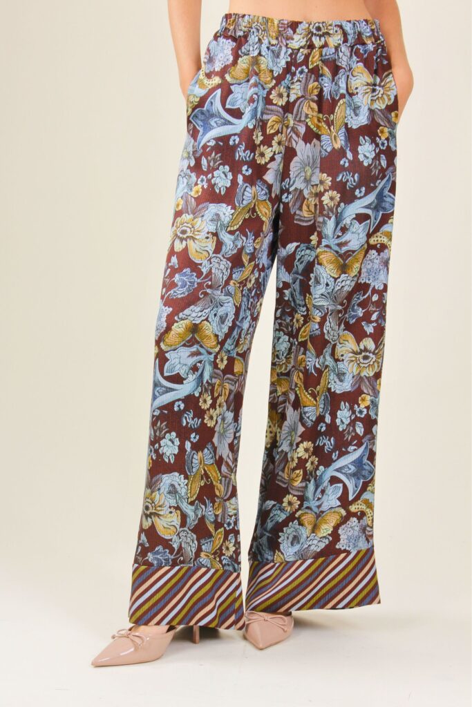 PANTALONI A PALAZZO IN VISCOSA FANTASIA FLOREALE - Brown Pattern, S 