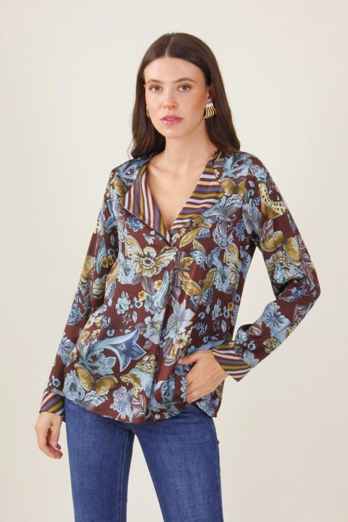 BLUSA IN VISCOSA FANTASIA FLOREALE - Brown Pattern, S 