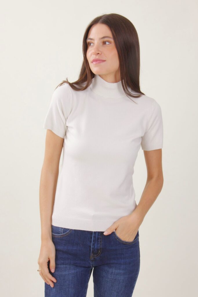 MAGLIA A MANICHE CORTE A COLLO ALTO - Beige, TU 