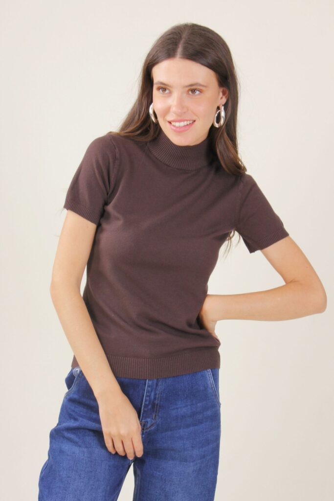 MAGLIA A MANICHE CORTE A COLLO ALTO - Dark Brown, TU 