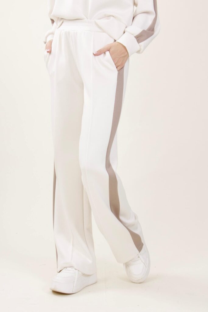 PANTALONI IN FELPA A PALAZZO CON BANDE LATERALI - Cream, S 