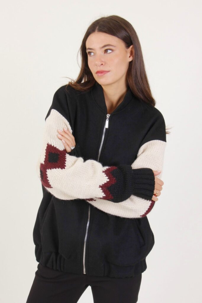 ETHNIC PATTERNED WOOL BLEND SLEEVES BOMBER JACKET 