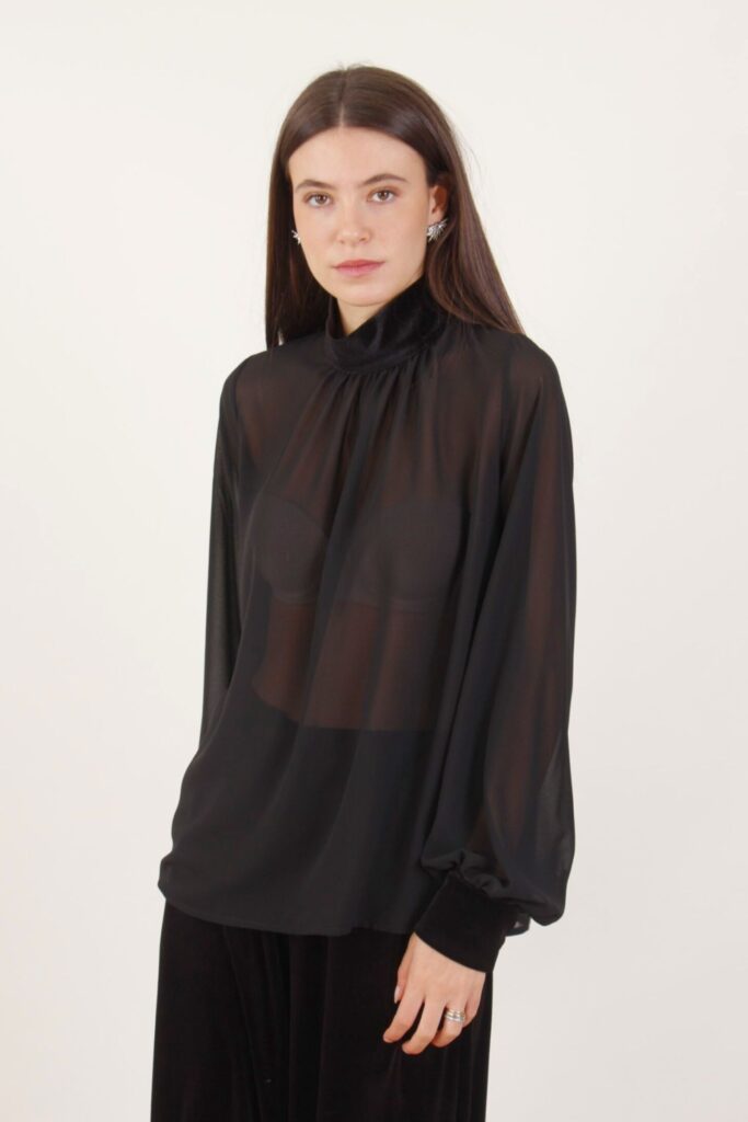 BLUSA CON COLLETTO E POLSINI IN VELLUTO - Nero, TU 