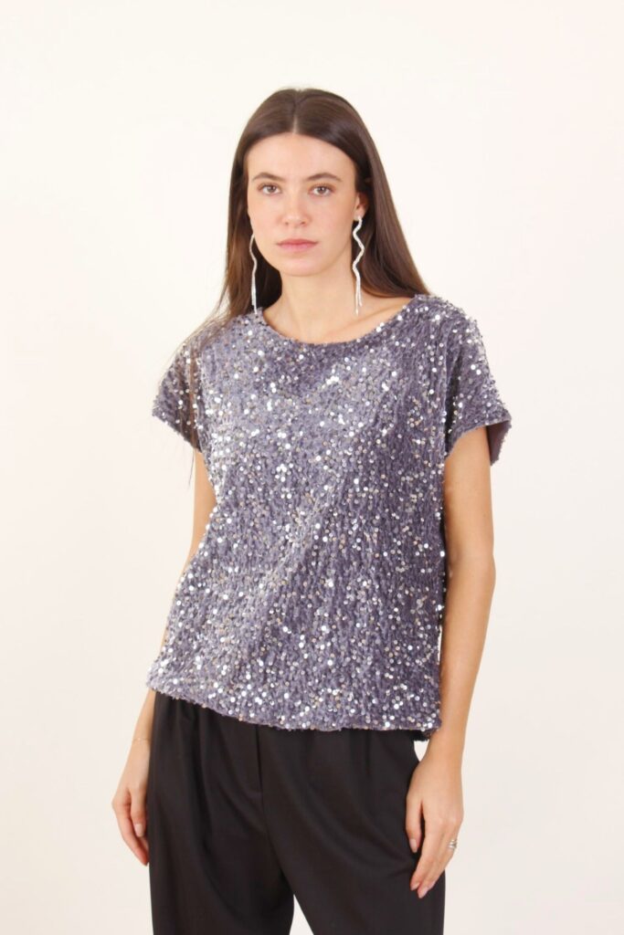 MAGLIA IN CINIGLIA CON PAILLETTES - Grigio, TU 