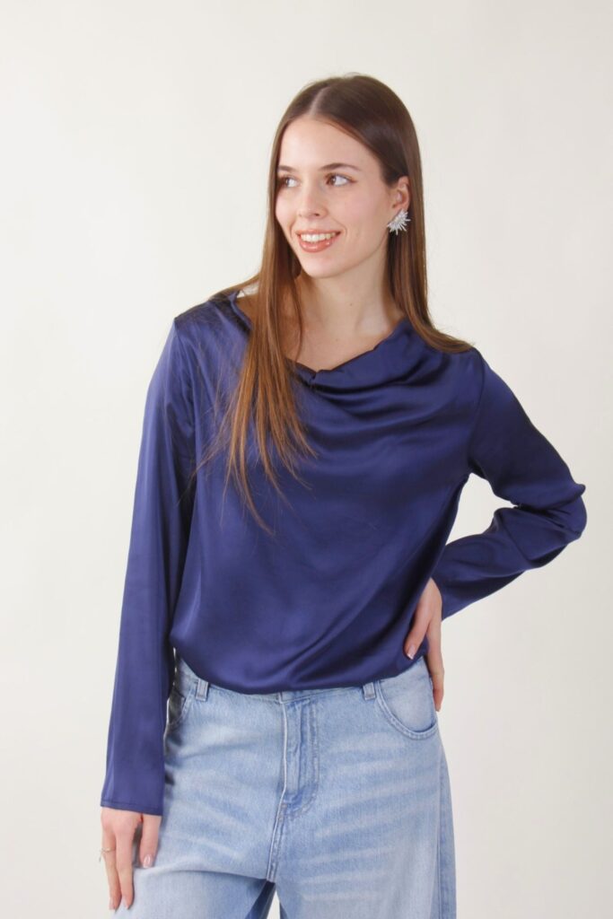 SATIN FABRIC BODY BLOUSE WITH DRAPED NECKLINE 