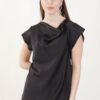 BLUSA SATIN MANICHE CORTE CON SCOLLO A CASCATA - Black, TU