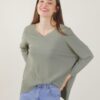 MAGLIA ASIMMETRICA A MANICHE LUNGHE SCOLLO A V - Military Olive, TU